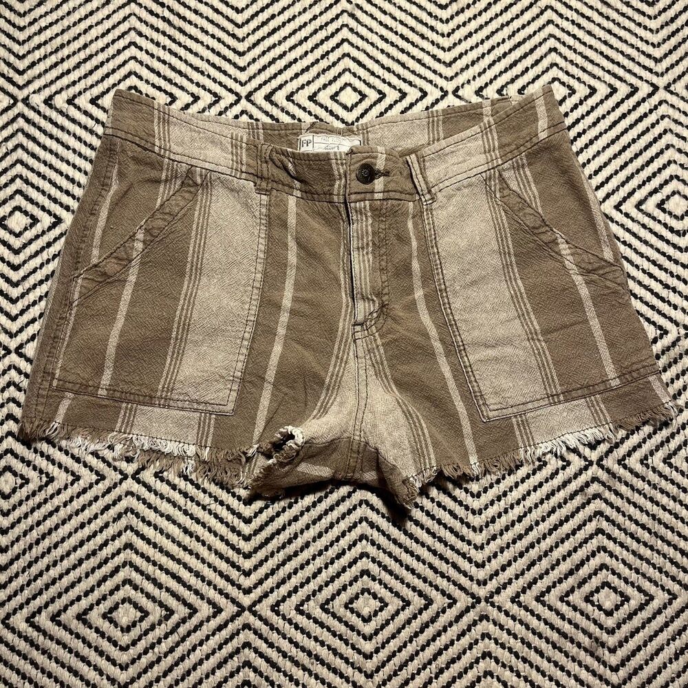 FREE PEOPLE CUT OFF SHORTS WOMENS 8 BROWN STRIPED LINEN BLEND FLAP STRETCH RAW